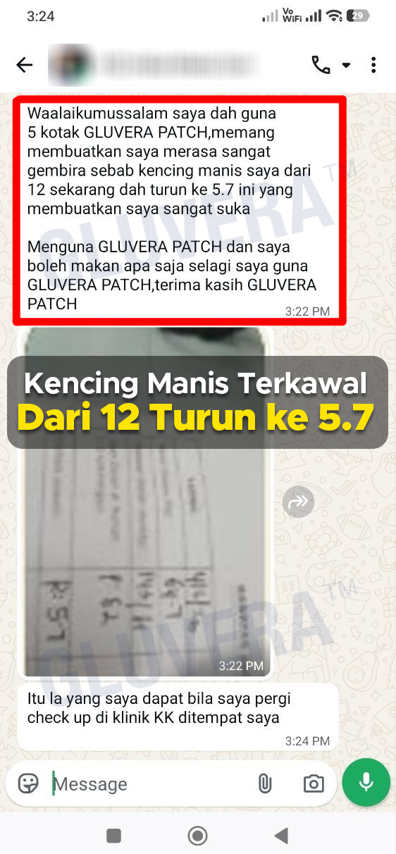 Testimoni WhatsApp: kencing manis terkawal dari 12 turun ke 5.7